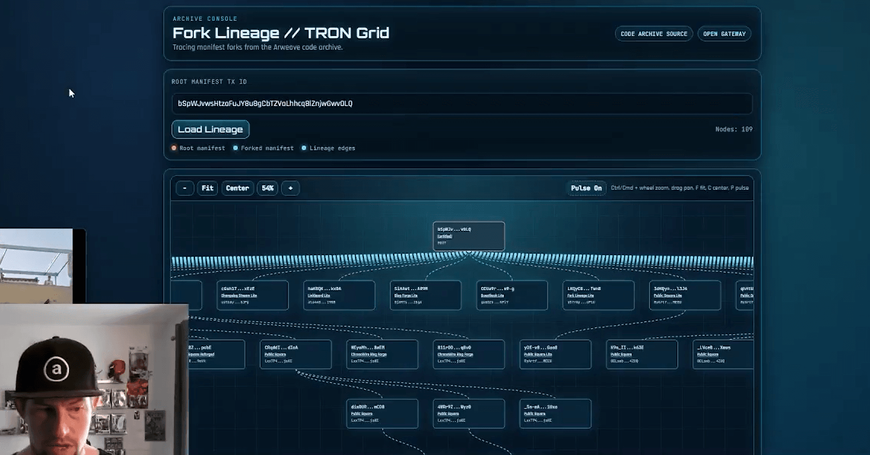 Screenshot of the Fork Lineage // Tron Grid tree diagram with a video inset of Jonny.